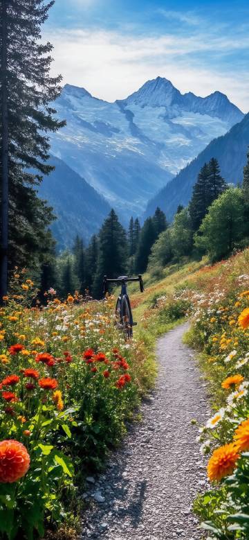 Beautiful scenery of mountain trails with colorful flowers