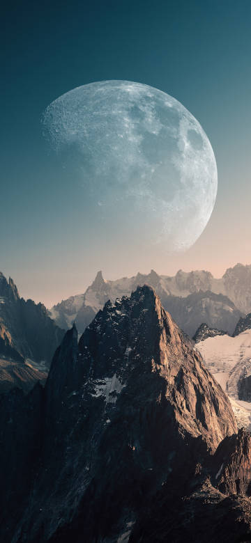 A Massive Moon Hangs Over Rugged Snow-Capped Mountains 4K Wallpaper A Massive Moon Hangs Over Rugged Snow-Capped Mountains 4K Wallpaper