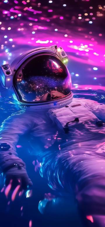 Astronaut floating in water under neon lights phone wallpaper