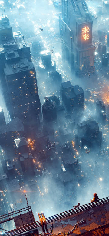 Cyberpunk-style future city phone wallpaper