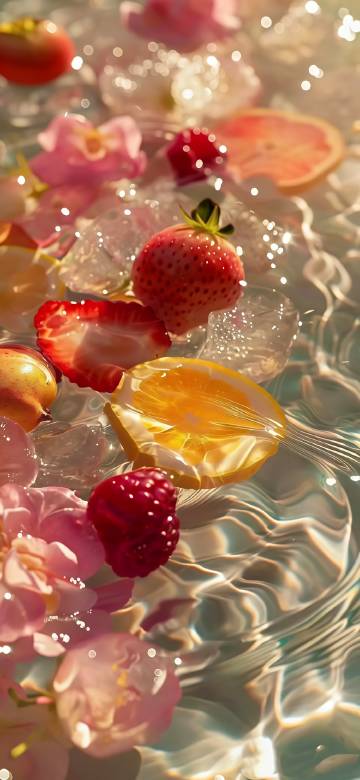 Strawberries and oranges in ice water phone wallpaper