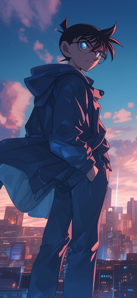 Detective Conan Standing Against the City Skyline Wallpaper 4K