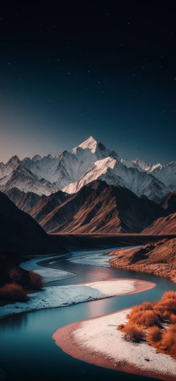 Winding River Through Snowy Mountains 4K Phone Wallpaper