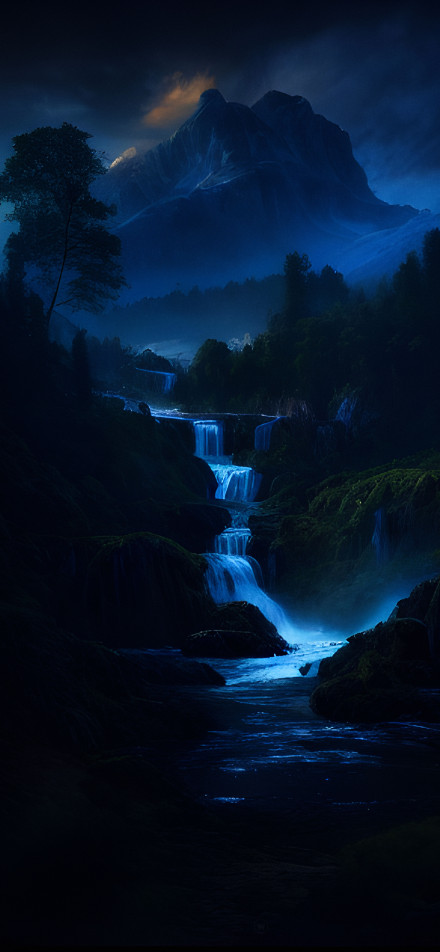 Mystical Waterfall in the Blue Forest at Night