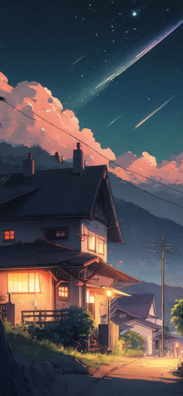 Town Shooting Star Night Healing Anime 4K Wallpaper