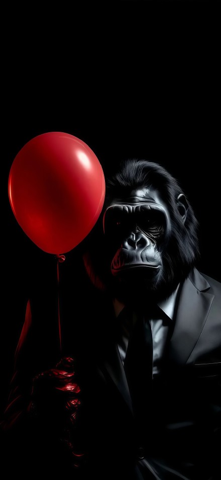 Gorilla in suit holding red balloon on black background