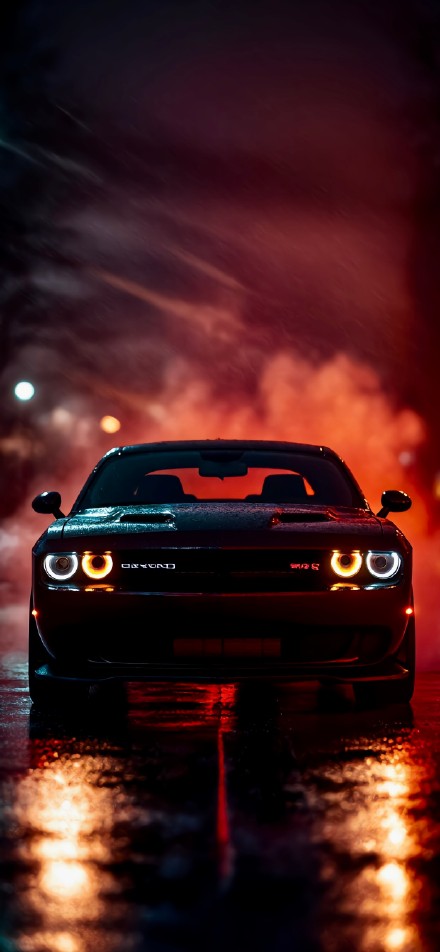 Smoky Dodge Challenger on a Rainy Night