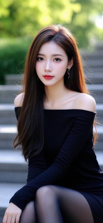 Chinese girl wearing a black off-shoulder dress phone wallpaper