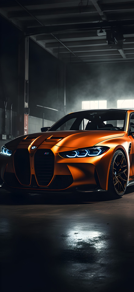 Orange BMW M4 in a Dark Garage 4K Wallpaper