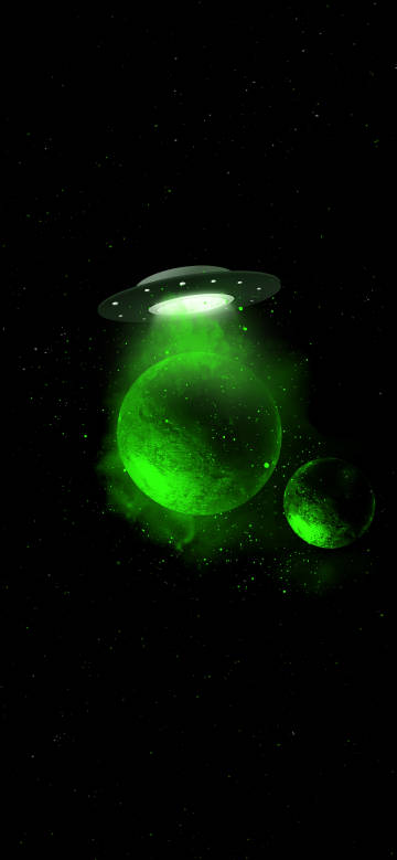 UFO and earth on black starry sky background phone wallpaper
