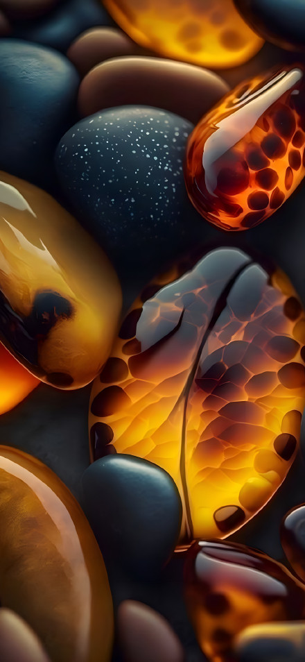 Glowing Amber Stones with Intricate Patterns 4K Wallpaper