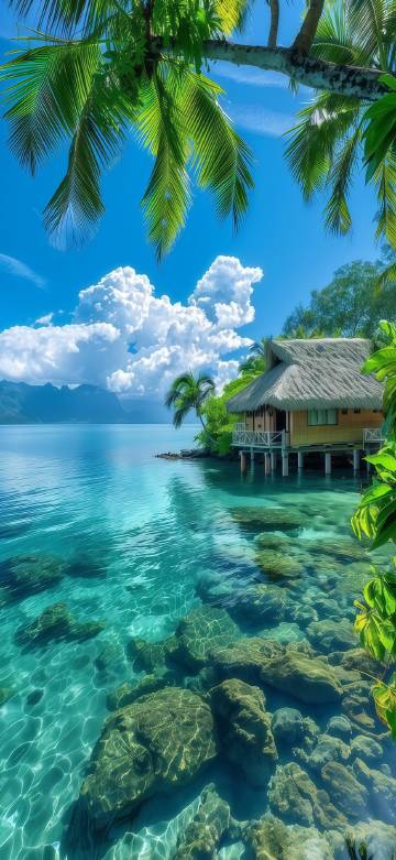 Seaside house among palm trees phone wallpaper