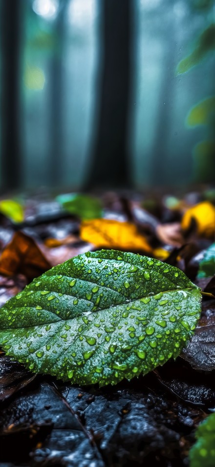 A green leaf with sparkling water droplets Wallpaper