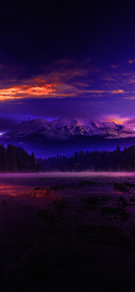 Fantasy mountain night wallpaper: purple sky, snowy mountains and lakes