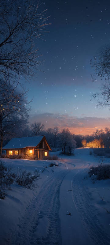 Night Snow View Cottage phone wallpaper