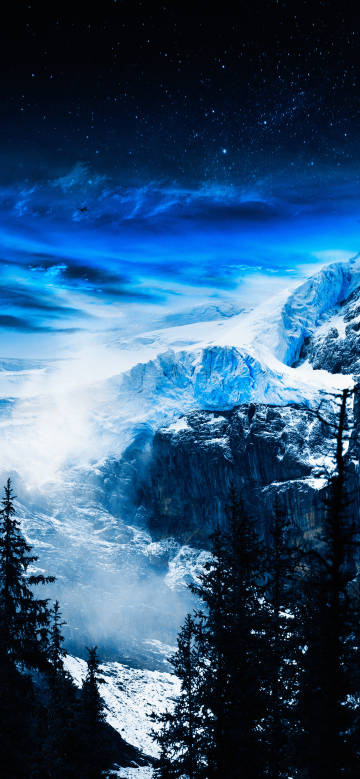 Dreamy snowy mountains with stars wallpaper: snow, stars and pine forests
