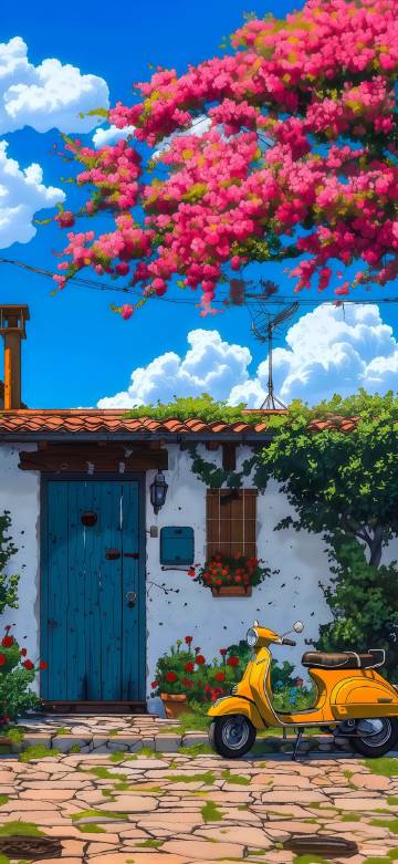 Hayao Miyazaki anime wallpaper, yellow motorcycle under the flower tree