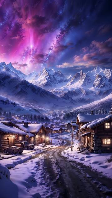A Snowy Mountain Village Under a Purple Galaxy 4K Wallpaper A Snowy Mountain Village Under a Purple Galaxy 4K Wallpaper