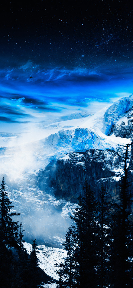 Dreamy snowy mountains with stars wallpaper: snow, stars and pine forests