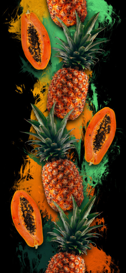 Colorful scene of pineapples and papayas phone wallpaper