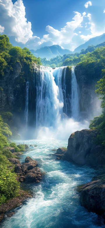 Beautiful waterfall landscape under blue sky phone wallpaper