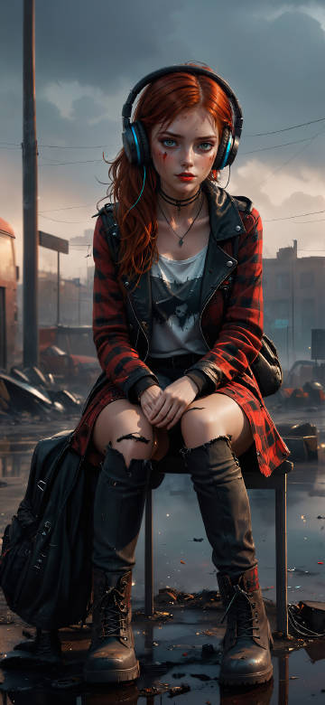 Anime girl in abandoned city phone wallpaper