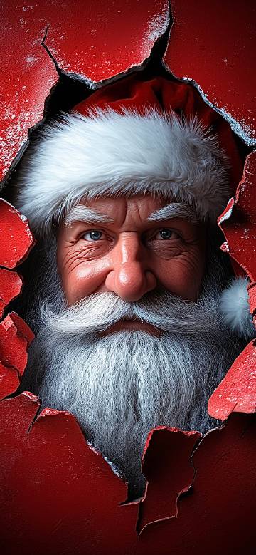 Santa Claus Peeking Through a Broken Red Wall Wallpaper