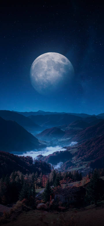 Dreamy mountain Scene under moonlight phone wallpaper