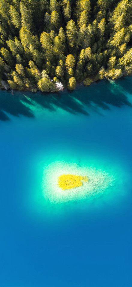 Aerial view of tranquil nature wallpaper: lake, forest and sunlight