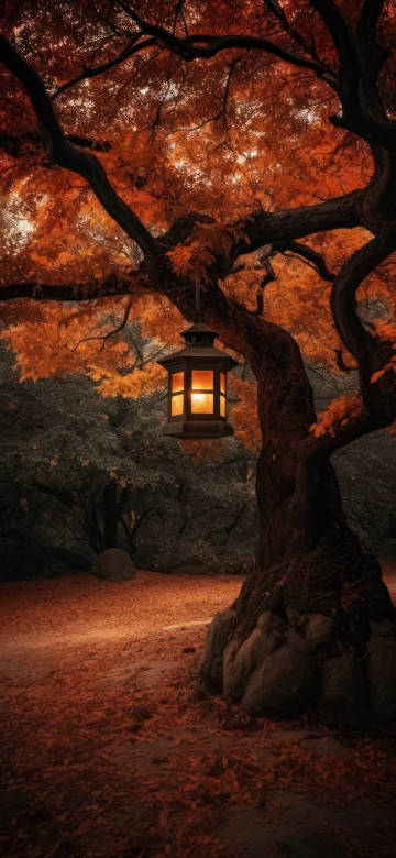 Glowing Lantern Hanging from Autumn Maple Tree 4K Phone Wallpaper Glowing Lantern Hanging from Autumn Maple Tree 4K Phone Wallpaper