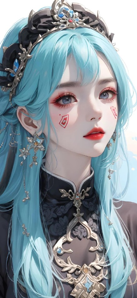 Ethereal Blue-Haired Girl with Ornate Tiara HD Wallpaper