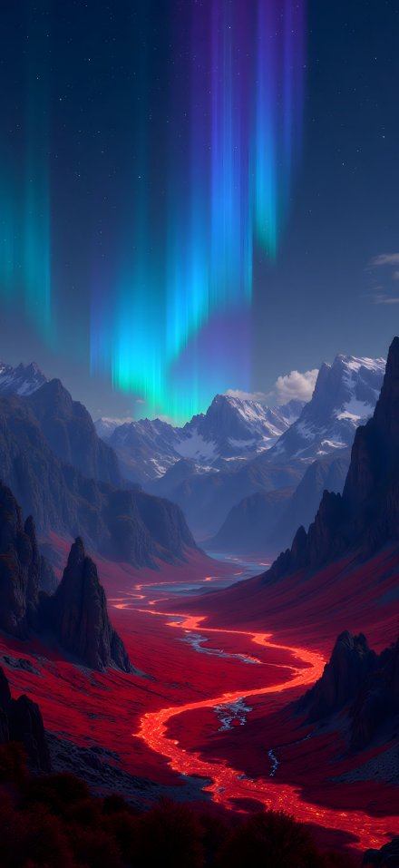 Aurora Over Red Lava River Valley 4K Phone Wallpaper
