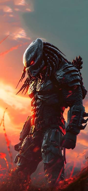 Predator Close-Up Under Fiery Sky Wallpaper