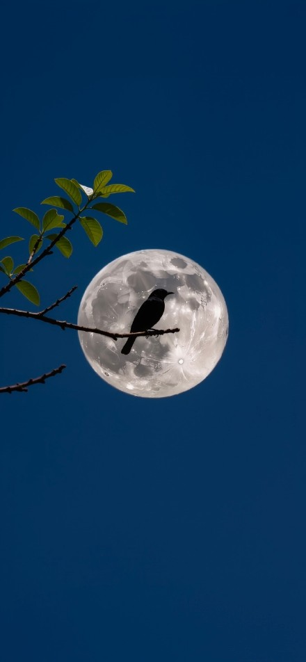 Bird on a Branch with a Bright Full Moon 4K Wallpaper