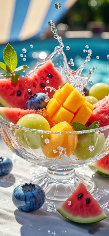 Watermelon, mango and grapes in a glass bowl
