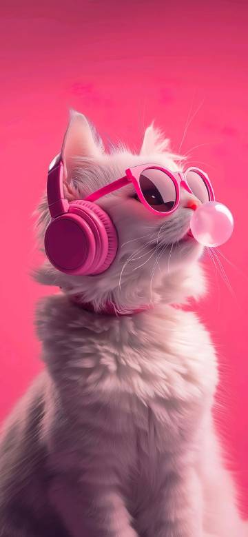 Cute Cat with Pink Headphones 4K Wallpaper