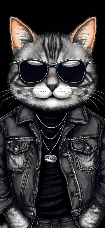 Cool Cat in a Leather Jacket and Sunglasses 4K Phone Wallpaper