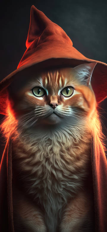 Yellow Cat in a Pointed Wizard's Hat 4K Wallpaper
