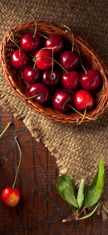 Fresh Red Cherries in a Wicker Basket 4K Wallpaper