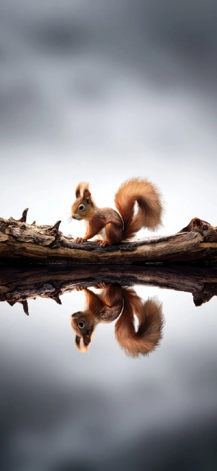 Fluffy Squirrel Standing on a Log in Nature