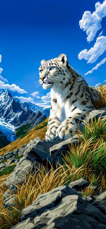 Snow Leopard Sitting on Rocky Cliff Illustration Wallpaper
