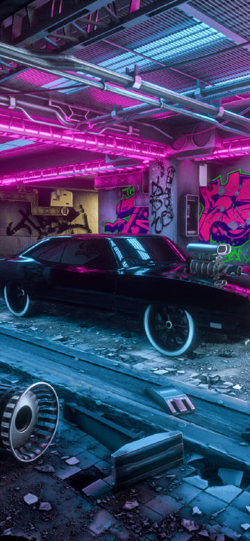 Black car in underground garage with neon lights flashing