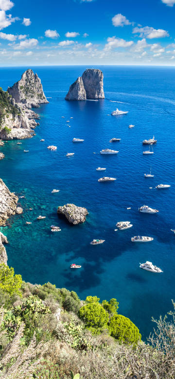 Many yachts are sailing on the blue sea of Puri Island