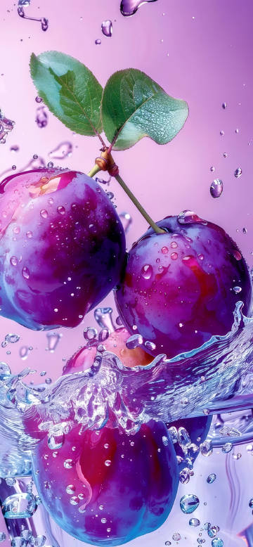 Purple plums fall into water and splash phone wallpaper