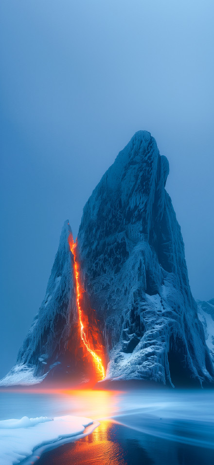 Volcanic Lava Erupting from Ice-Covered Mountain 4K UHD Wallpaper