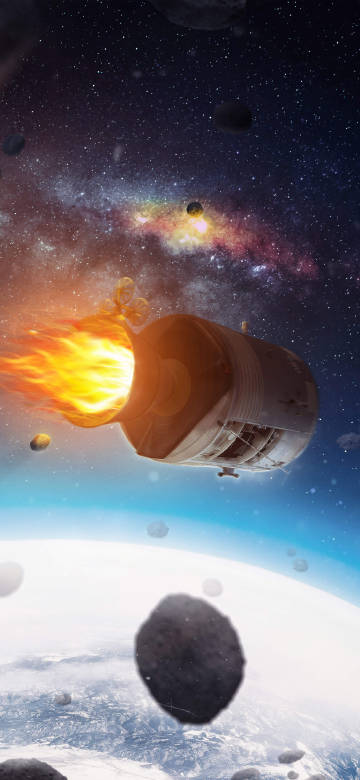 Sci-Fi Rocket Blasting Through Asteroids Space 4K Wallpaper