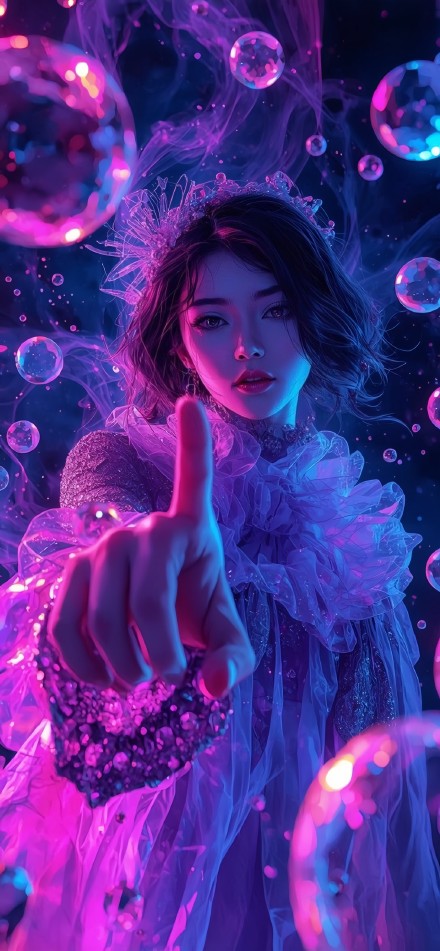 Girl pointing at the camera under purple neon lights 4K phone wallpaper
