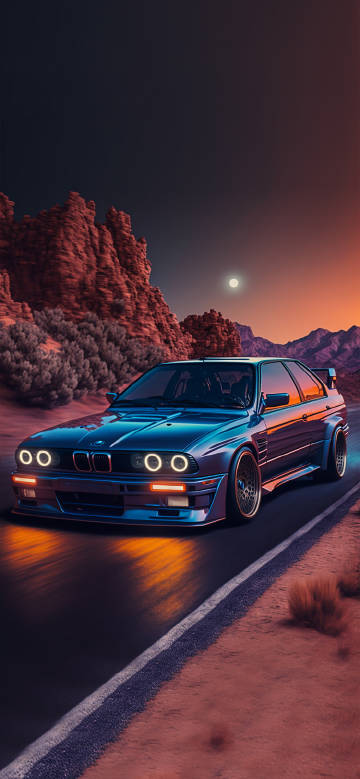 BMW on a desert highway in the moonlight phone wallpaper