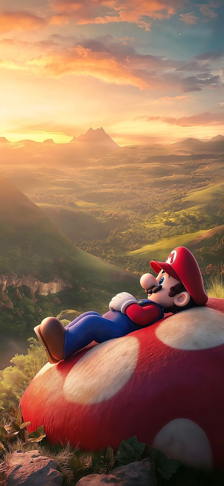 Mario lies on a giant mushroom and enjoys the sunset in the valley