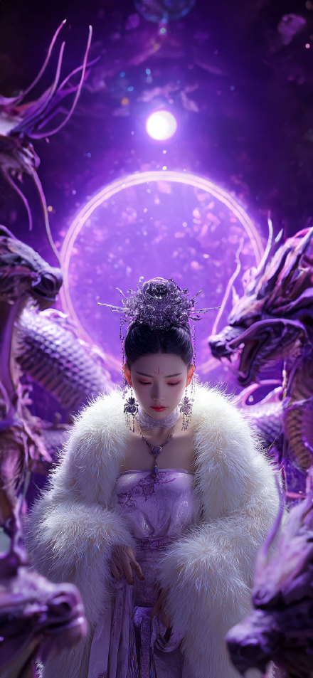 Fantasy Princess Flanked By Two Purple Dragons 4K Wallpaper